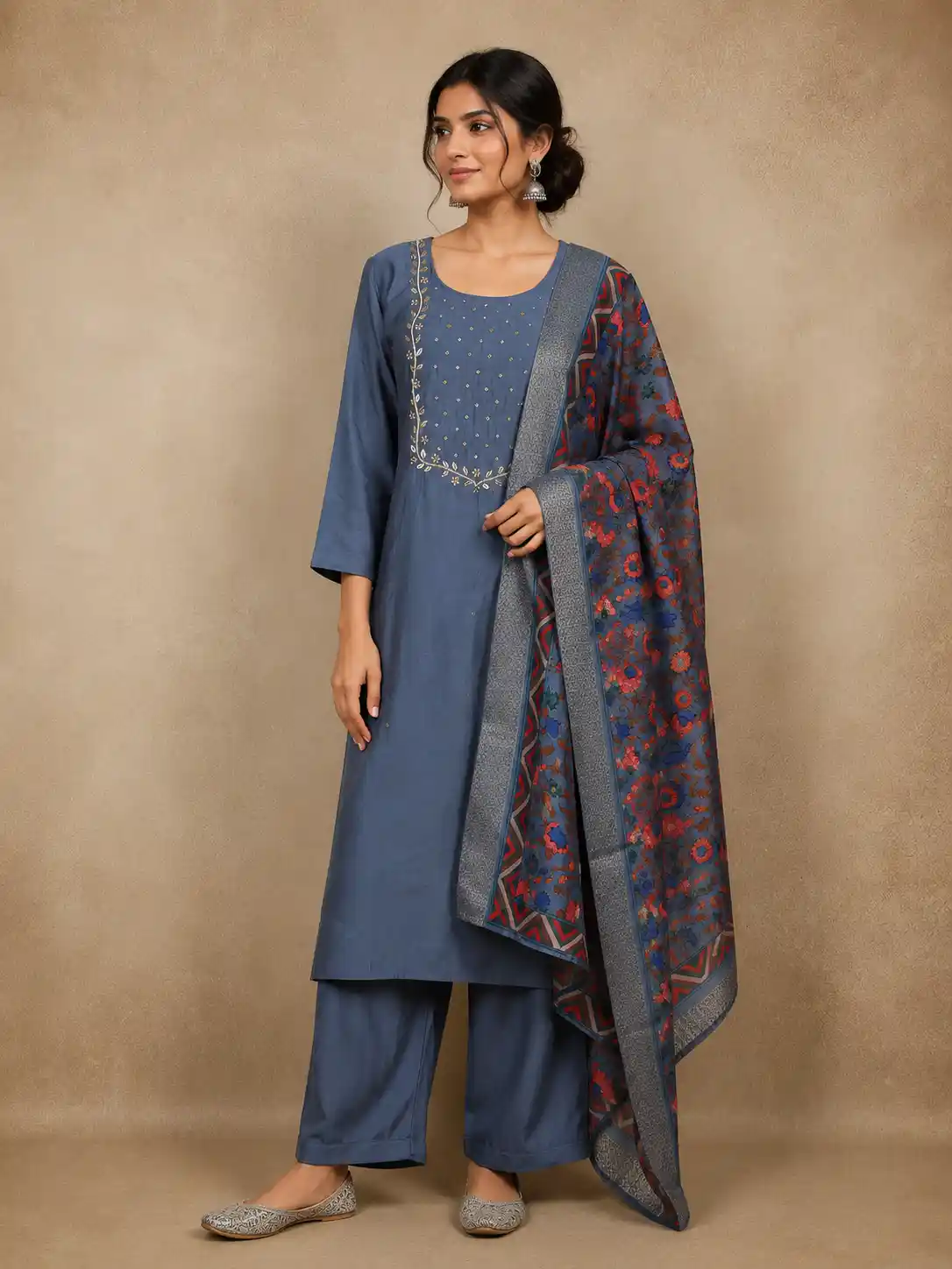 Blue embroidered semi silk straight cut salwar suit